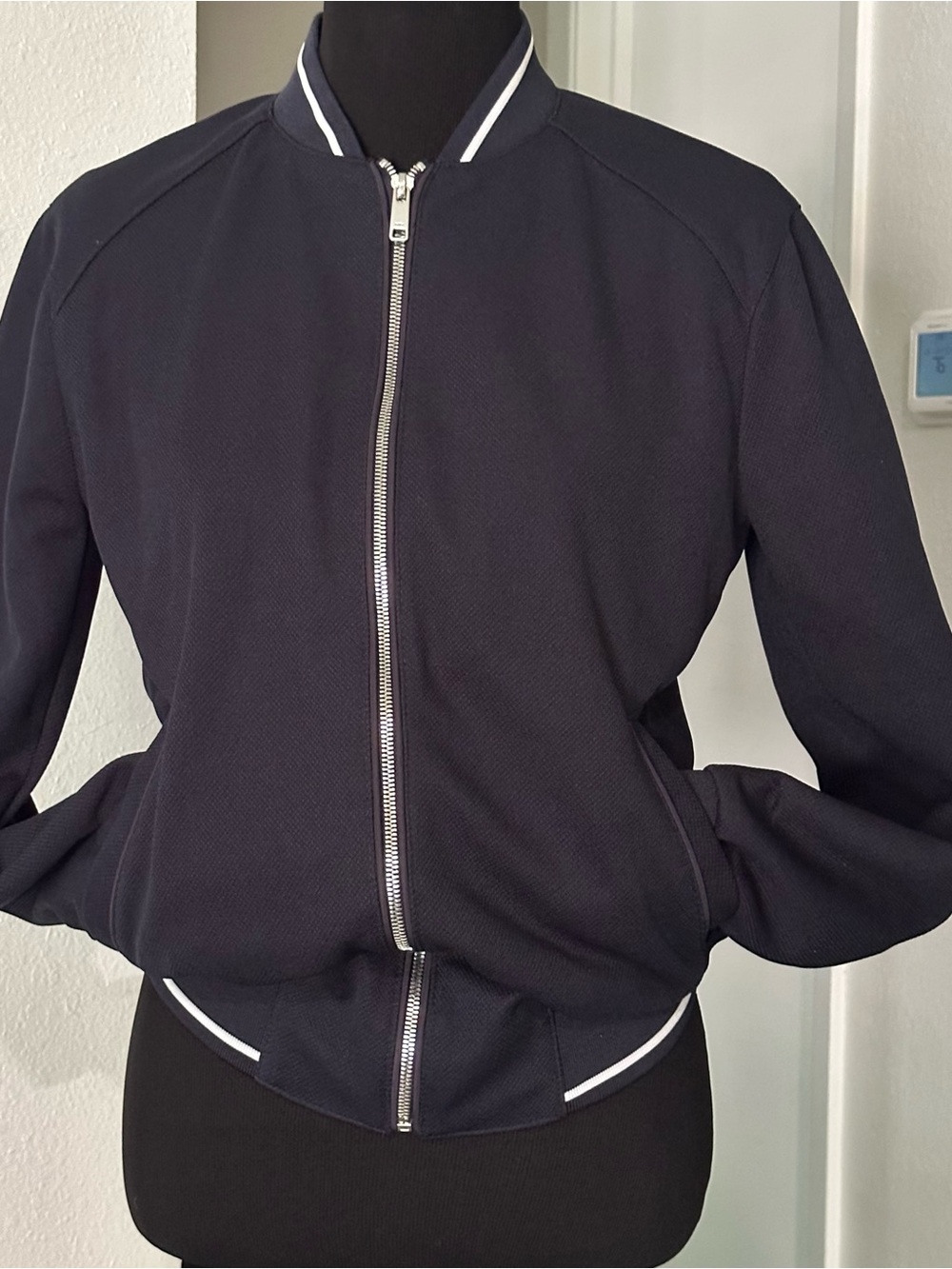 Zara Navy Blue Bomber Jacket White Varsity Stripe Trim Size S